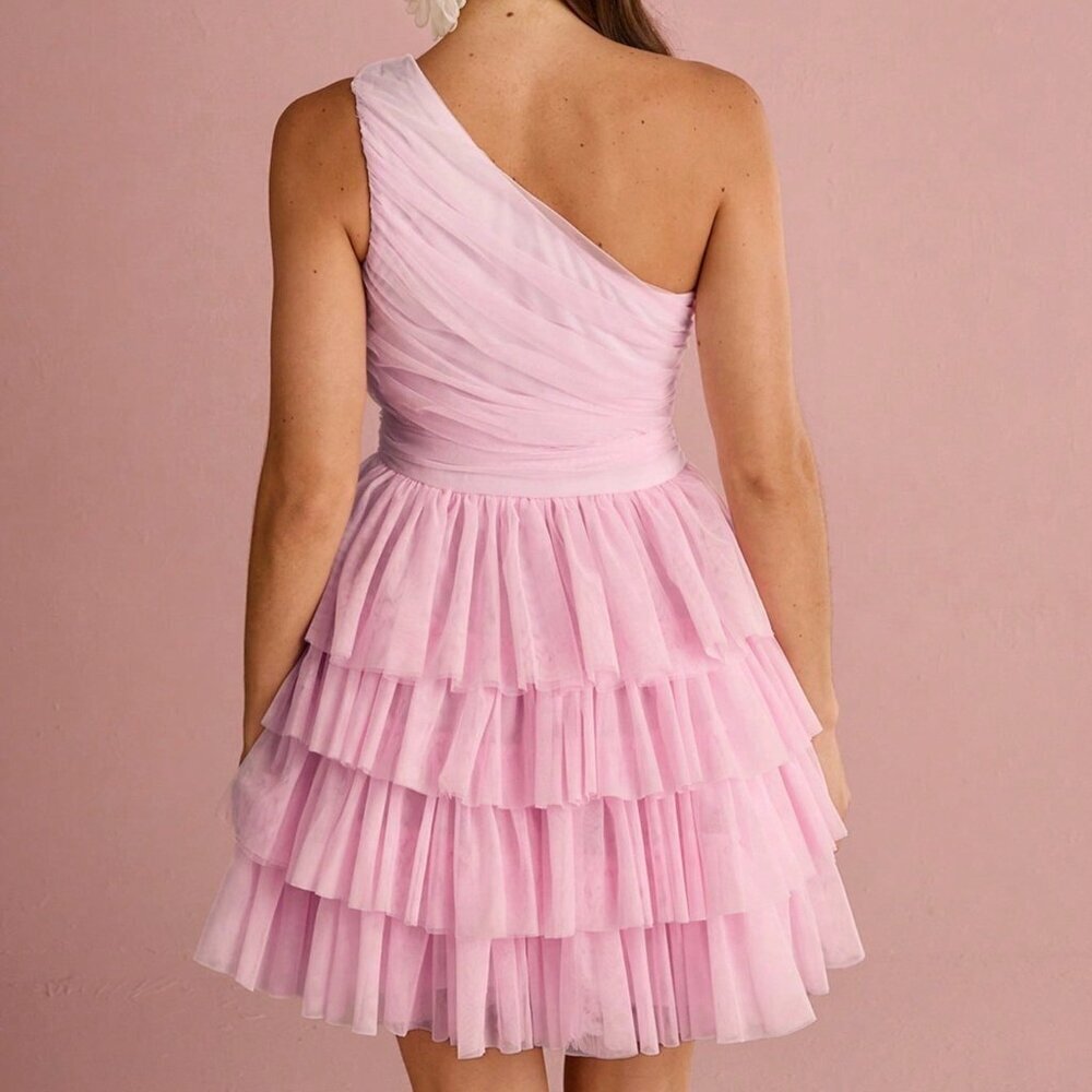 Baby Pink Elegant Women's One Shoulder Ruched Layered Ruffle Mesh Dress - Picture 2 of 7